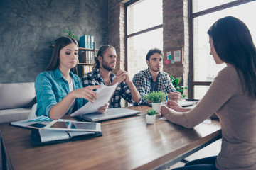 Students came to work for a company, having job interview in the recruitment department, employees in advanced training courses, conversation about new project, start up in work station