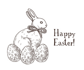 Hand drawn black and white easter gift card with chocolate rabbit and eggs. Greate holiday doodle vintage illustration