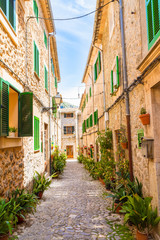 Fototapeta na wymiar Stone paved narrow street, plants in ceramic pots, stone built houses, wooden green windows, in Valdemossa medieval village, Mallorca, Balearic Islands, Spain