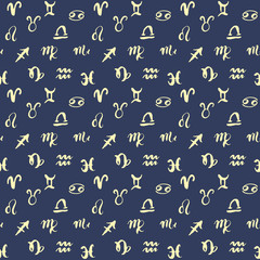 Zodiac signs seamless pattern. Hand drawn horoscope astrology symbols, grunge textured design, typography print, vector illustration