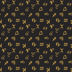 Zodiac signs seamless pattern. Hand drawn horoscope astrology symbols, grunge textured design, typography print, vector illustration