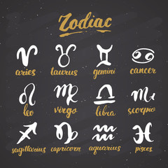 Fototapeta na wymiar Zodiac signs set and letterings. Hand drawn horoscope astrology symbols, grunge textured design, typography print, vector illustration on chalkboard background