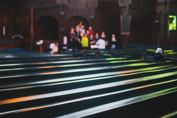 Catholic lutheran cathedral interior with church choir singing in the background