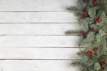 Christmas composition of fir branches and berries of viburnum on a white wooden background. Top...
