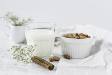Organic homemade almond milk on light background.