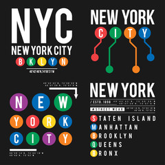 T-shirt design in the concept of New York City subway. Cool typography with boroughs of New York for shirt print. Set of t-shirt graphic in urban and street style