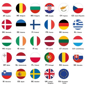 Vector illustration. Set of european union flags with names and Country Abbreviations. European Union country flags,member states EU. 29 flags+ eu flag.