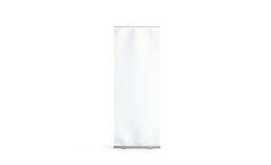 Blank white roll-up banner display mockup, isolated, 3d rendering. Clear rollup baner design mock up, front view. Empty roller sign board template stand.