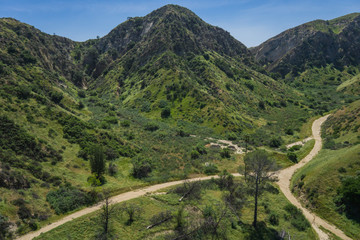 Dirt walking trails come together beneath grass covered California hills. © kenkistler1