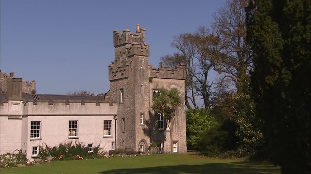 A steady wide shot of an old Irish big house.