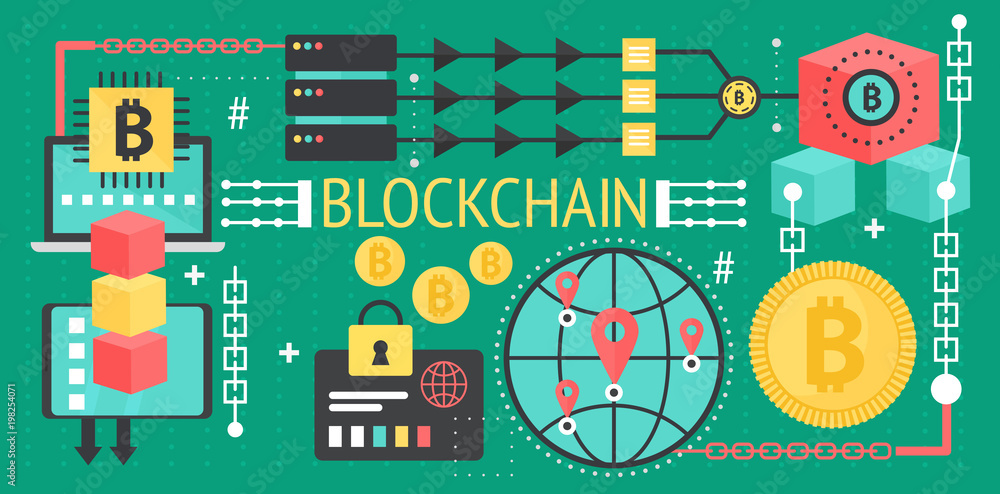 Poster Cryptocurrency bitcoin and blockchain network technology concept. Global network devices connection. Vector blockchain poster template.