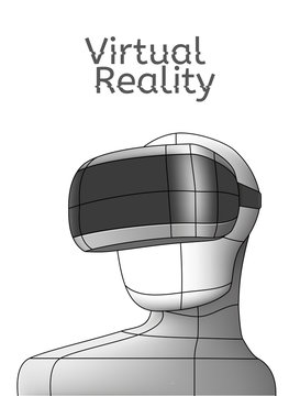 Vr poster. Man in virtual reality headset. Linear objects and elements. Vector illustration. Virtual reality world and simulation.