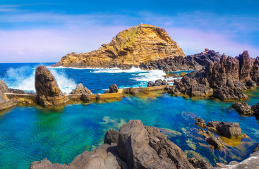 Fototapeta na wymiar Amazing landscape with natural famous swimming pools of Porto Moniz in Madeira island, Portugal