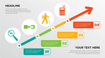 grammar, penetration, hiker, telecom growing horizontal presentation design template in green, red and yellow, grow up business infographics with icons