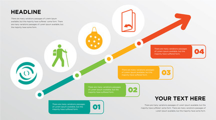 buffering, hiker, christmas bulb, page turn growing horizontal presentation design template in green, red and yellow, grow up business infographics with icons