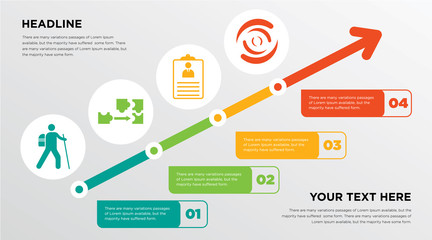 hiker, adaptability, Personal details, buffering growing horizontal presentation design template in green, red and yellow, grow up business infographics with icons