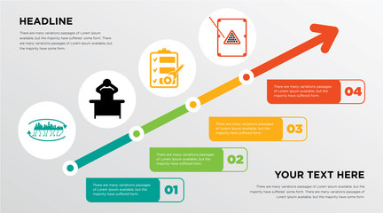 future city, frustration, order management, snooker growing horizontal presentation design template in green, red and yellow, grow up business infographics with icons