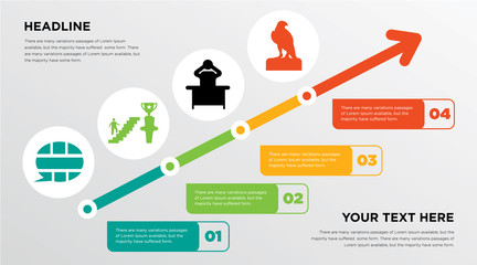 english language, ambition, frustration, falcon growing horizontal presentation design template in green, red and yellow, grow up business infographics with icons