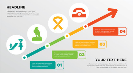 ambition, falcon, breast cancer ribbon, phone growing horizontal presentation design template in green, red and yellow, grow up business infographics with icons