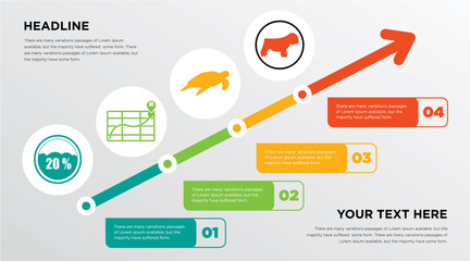 store locator, sea turtle, bulldog growing horizontal presentation design template in green, red and yellow, grow up business infographics with icons