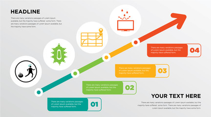 panic, meeting room, store locator, resistant growing horizontal presentation design template in green, red and yellow, grow up business infographics with icons