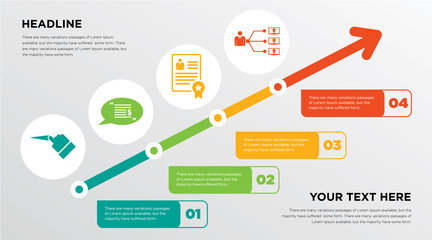 pull, statement, patent, program management growing horizontal presentation design template in green, red and yellow, grow up business infographics with icons