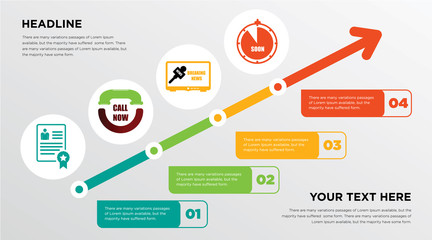 patent, call now, breaking news, soon growing horizontal presentation design template in green, red and yellow, grow up business infographics with icons
