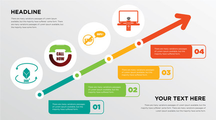 360 image, call now, oops, tv remote growing horizontal presentation design template in green, red and yellow, grow up business infographics with icons