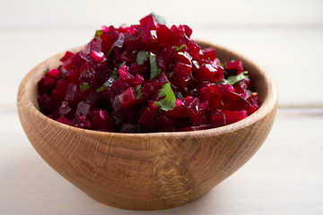 Healthy vegetarian or vegan beetroot, garlic, cilantro and olive oil salad