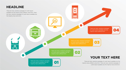 product development, memorial day, site traffic, elevator growing horizontal presentation design template in green, red and yellow, grow up business infographics with icons