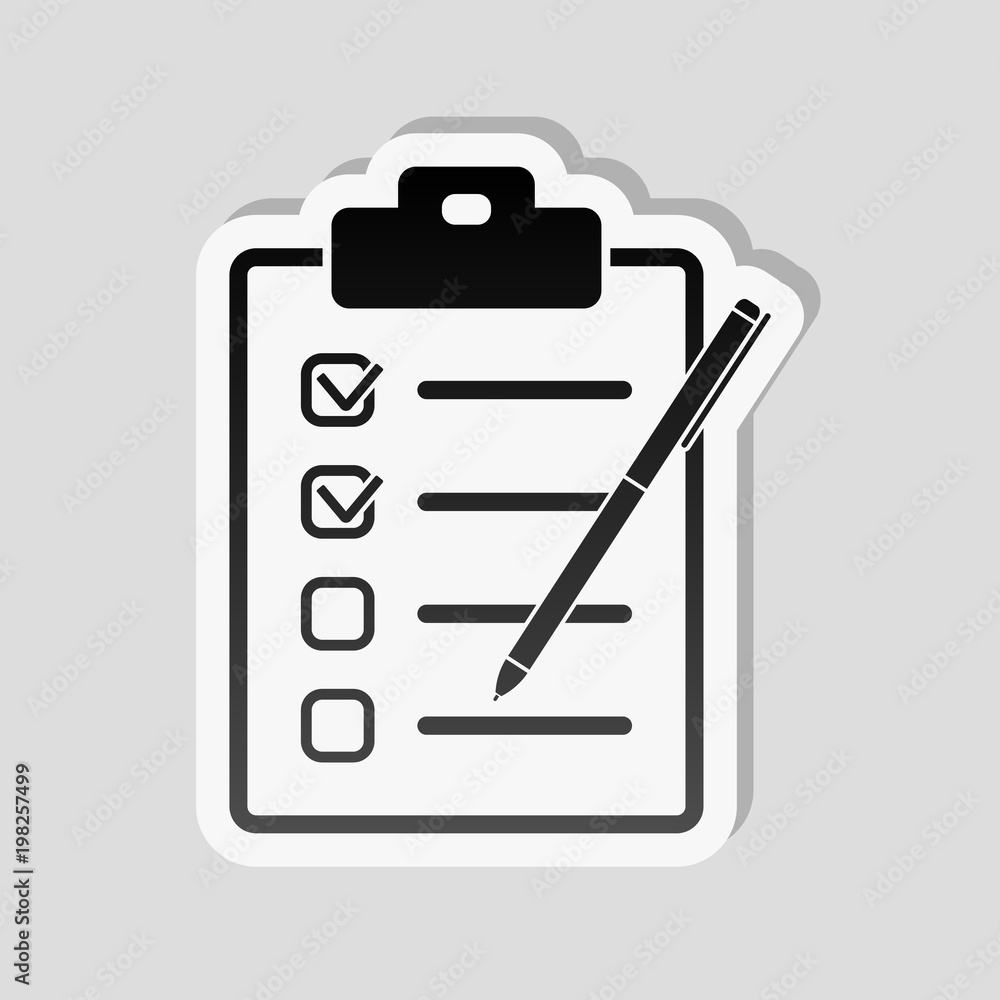Poster checklist with pen icon. sticker style with white border and simple shadow on gray background