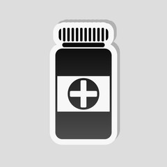 Bank of pills icon. Sticker style with white border and simple shadow on gray background