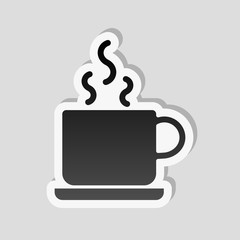 cup of hot tea or coffee icon. Sticker style with white border and simple shadow on gray background
