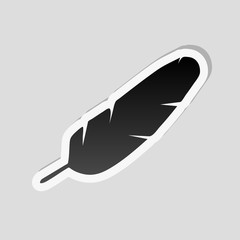 Simple icon of feather. Sticker style with white border and simple shadow on gray background