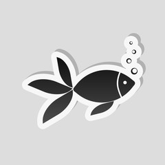 Fish with bubbles icon. Sticker style with white border and simple shadow on gray background