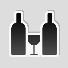 glass and bottles icon. Sticker style with white border and simple shadow on gray background