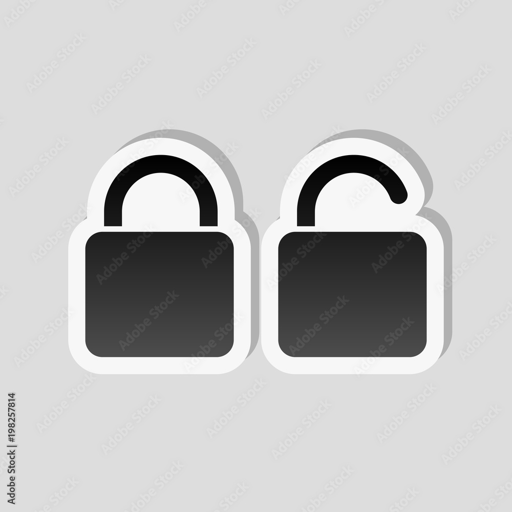 Aufkleber lock and unlock icon. sticker style with white border and simple shadow on gray background