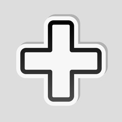Medical cross icon. Sticker style with white border and simple shadow on gray background
