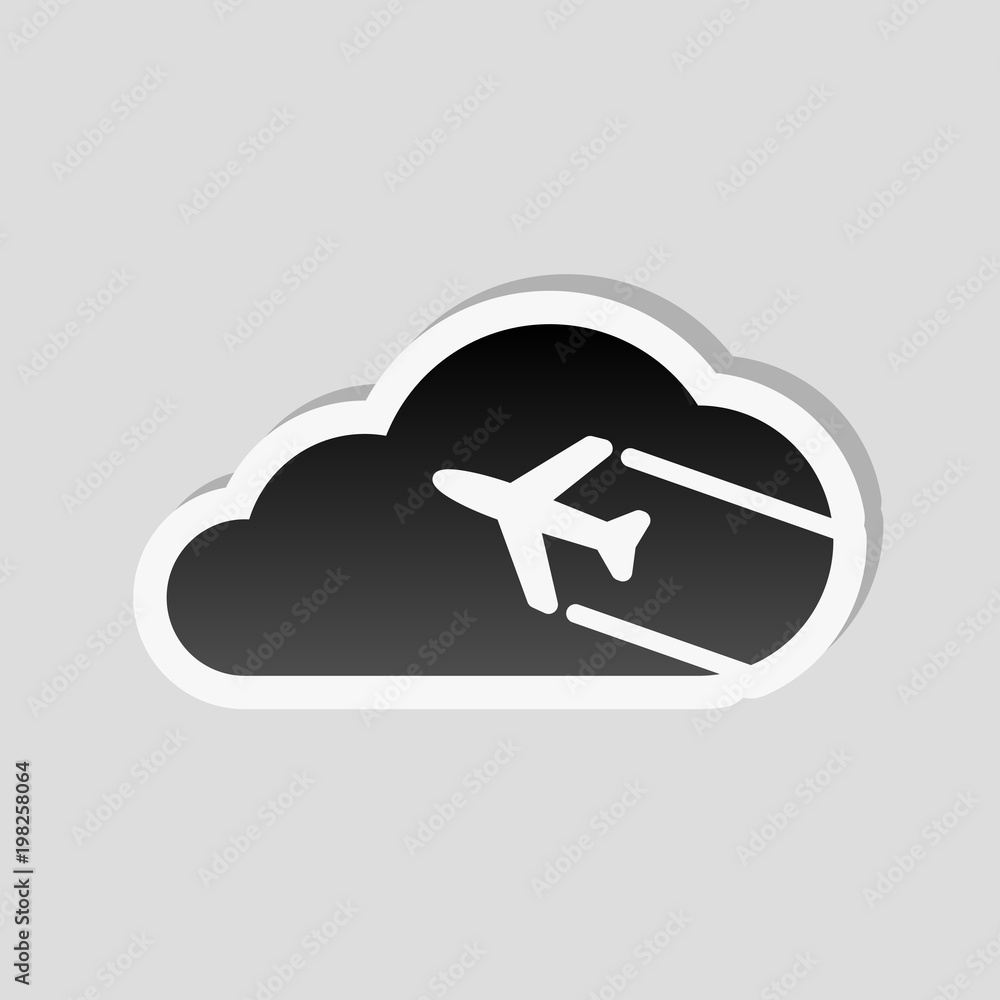 Poster plane and cloud. simple icon. logo. sticker style with white border and simple shadow on gray backgr