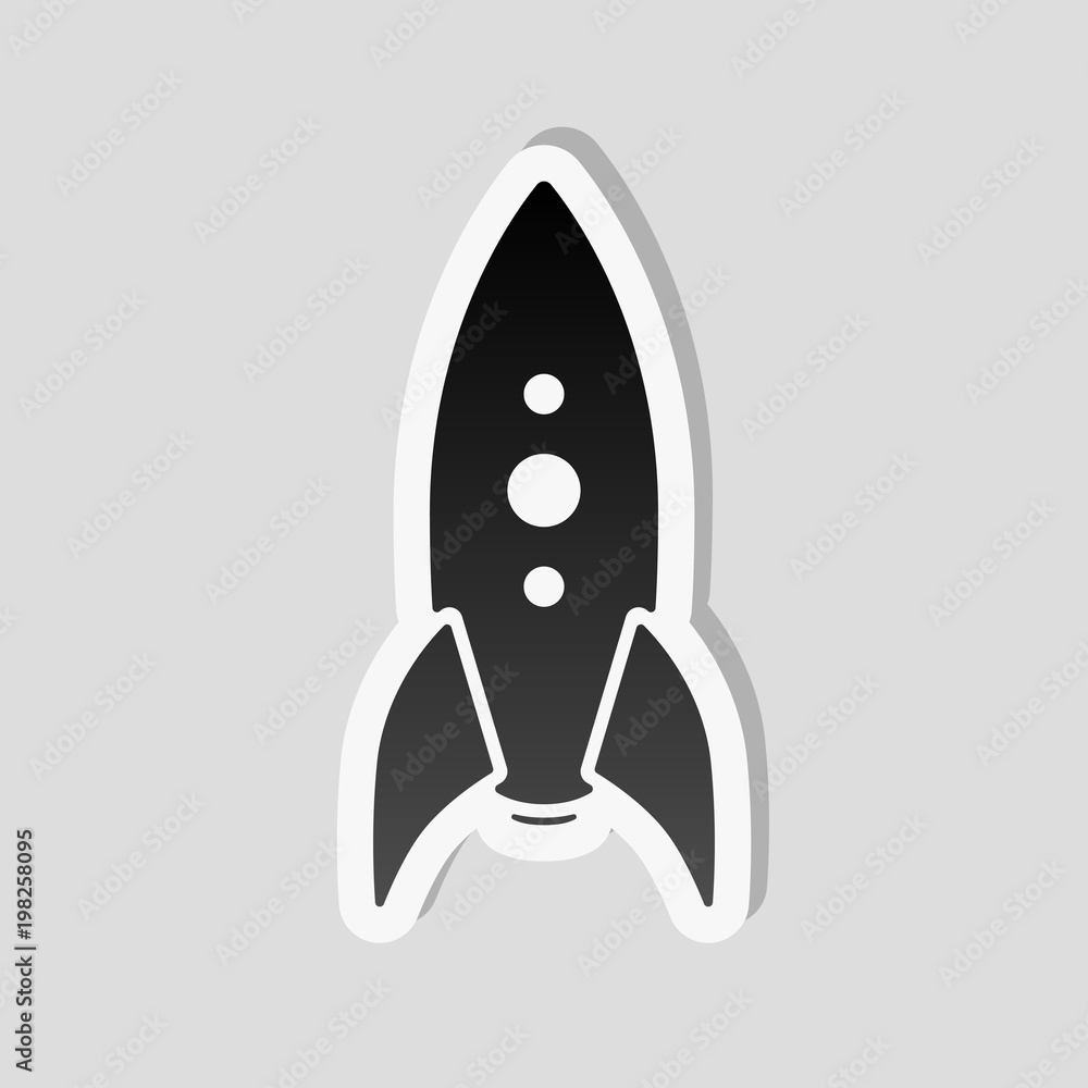 Poster rocket launch icon. sticker style with white border and simple shadow on gray background