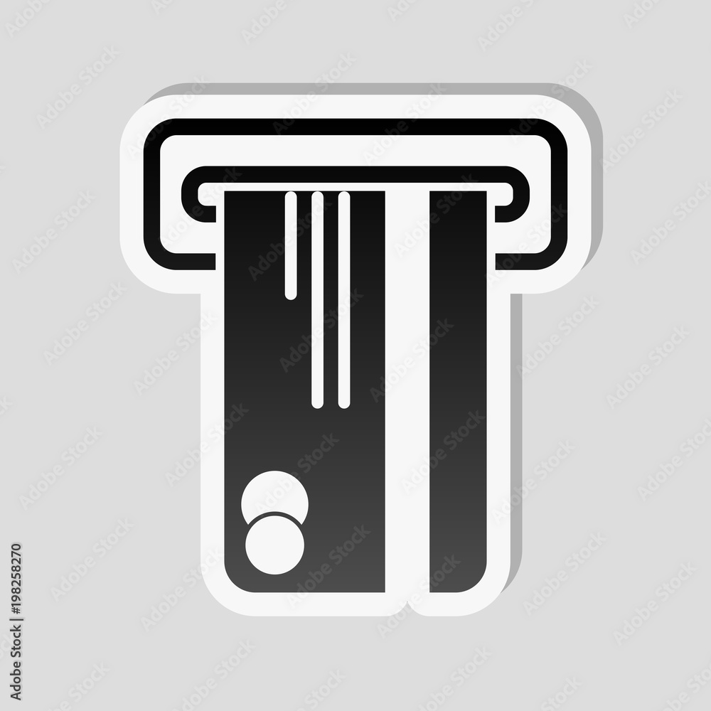 Poster atm machine and credit card icon. sticker style with white border and simple shadow on gray backgrou