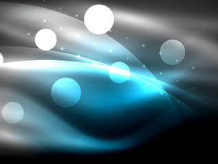 Neon wave background with light effects, curvy lines with glittering and shiny dots, glowing colors in darkness, magic energy