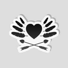Uncolored icon of valentines day with heart, feathers and a