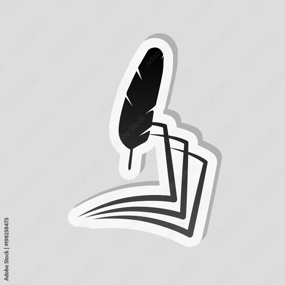 Poster feather and paper. simple silhouette. sticker style with white border and simple shadow on gray back