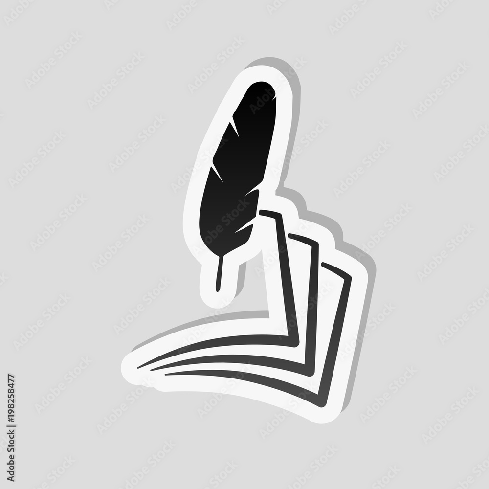 Poster feather and paper. simple silhouette. sticker style with white border and simple shadow on gray back