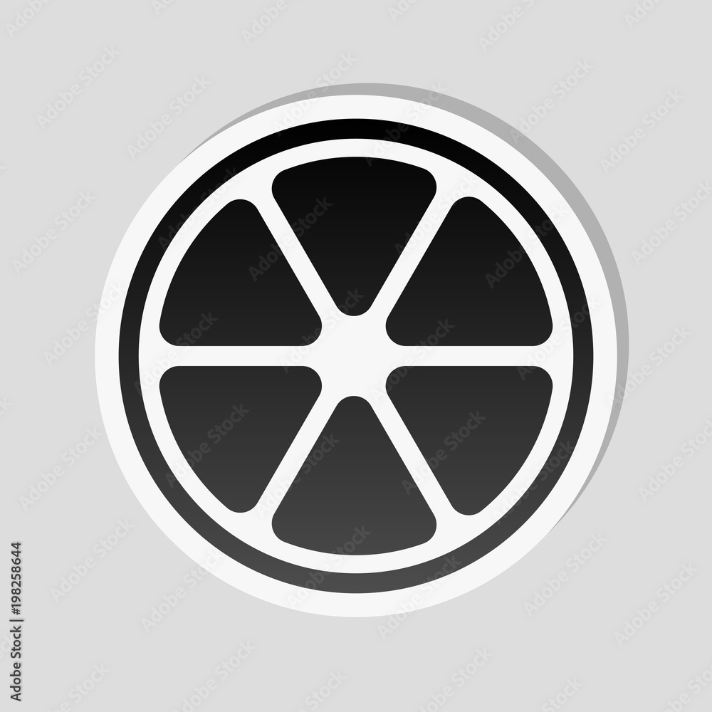 Poster lemon slice icon. sticker style with white border and simple shadow on gray background