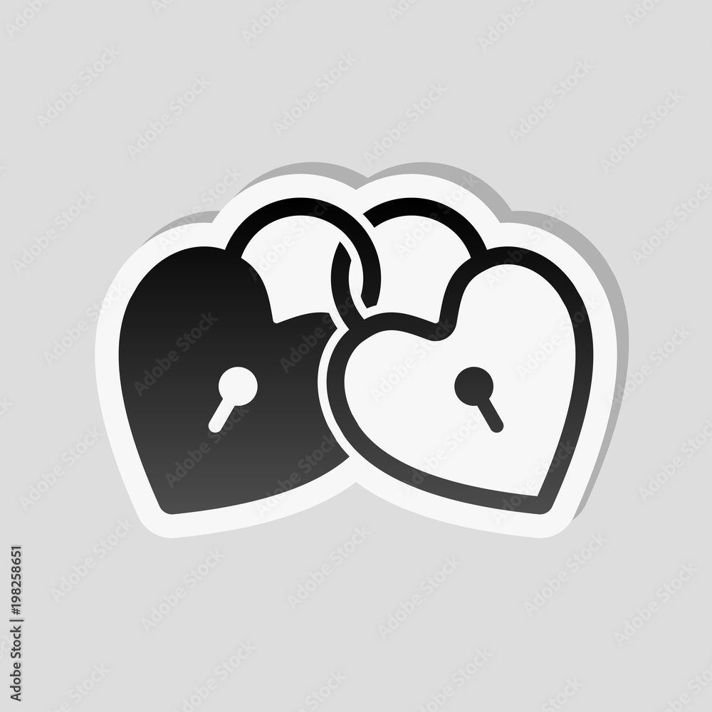 Poster linked hearts, lock icon. sticker style with white border and simple shadow on gray background
