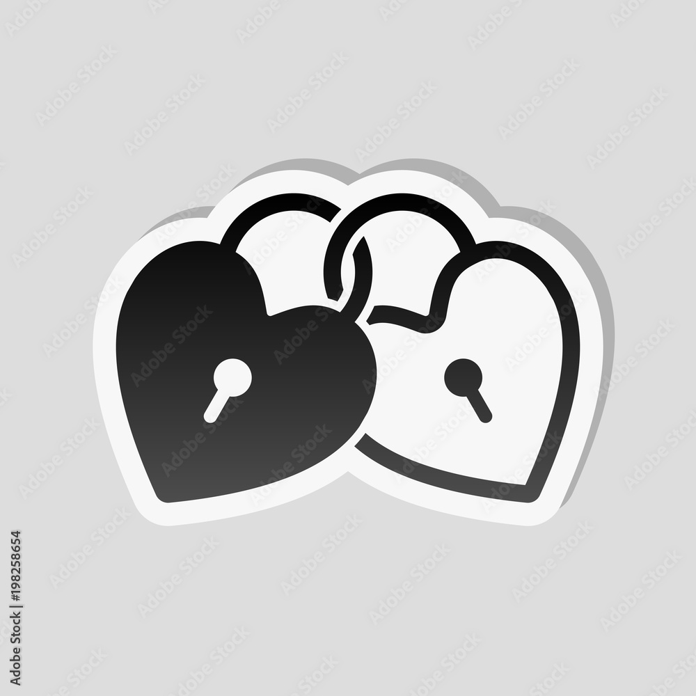 Poster linked hearts, lock icon. sticker style with white border and simple shadow on gray background