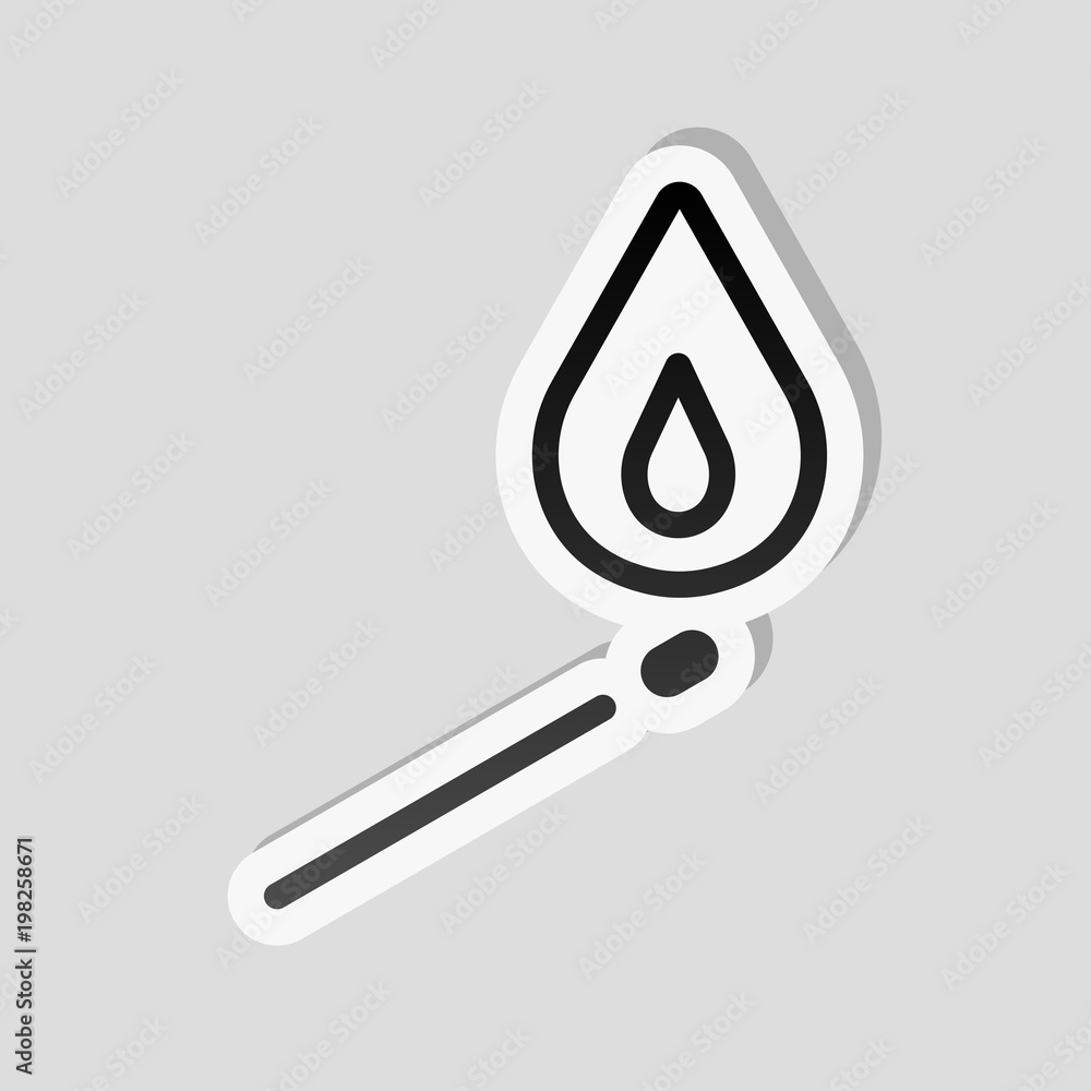 Poster match with flame of fire. simple silhouette. sticker style with white border and simple shadow on gr