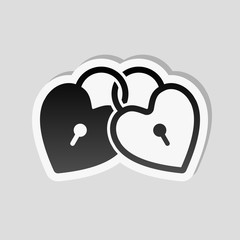linked hearts, lock icon. Sticker style with white border and simple shadow on gray background